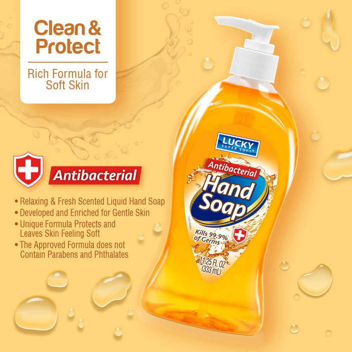 Lucky Super Soft Antibacterial Hand Soap, Cleansing Hand Wash Liquid with Pump, Value Pack, 12 bottles, 11.25 fl.oz.