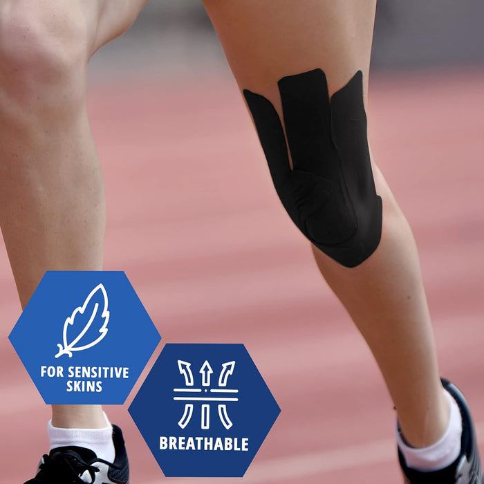 MedPride Kinesiology Tape – Black 2”x5M Latex-Free Athletic Tape for Pain Relief, Injured Muscle Support, 24/Box, Case of 6 (144 Count)