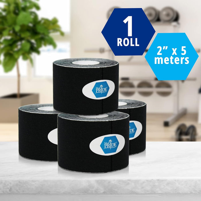 MedPride Kinesiology Tape – Black 2”x5M Latex-Free Athletic Tape for Pain Relief, Injured Muscle Support, 24/Box, Case of 6 (144 Count)