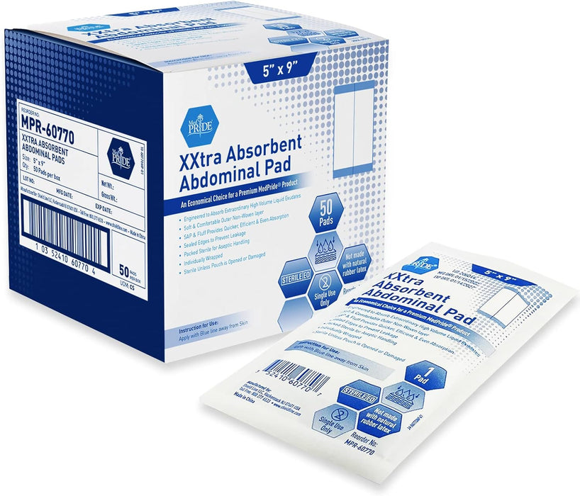 MedPride Extra Absorbent Abdominal Pad - 5x9 - Sterile - 50/box, Case of 12 (600 Count)