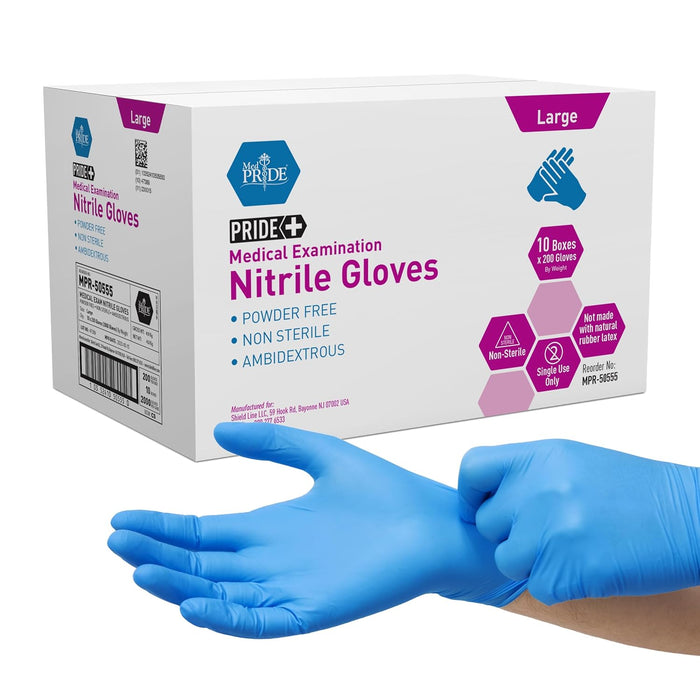 MedPride Nitrile Exam Gloves 4.3 Mil Thick Non-Sterile Powder Free - 200 Gloves / Case of 10