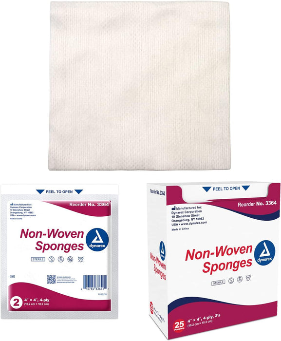 Dynarex Non-Woven Sponge - Sterile 2's, 4" x 4" 4 Ply, 25ea/bx, 24bxs/cs (600 Count)