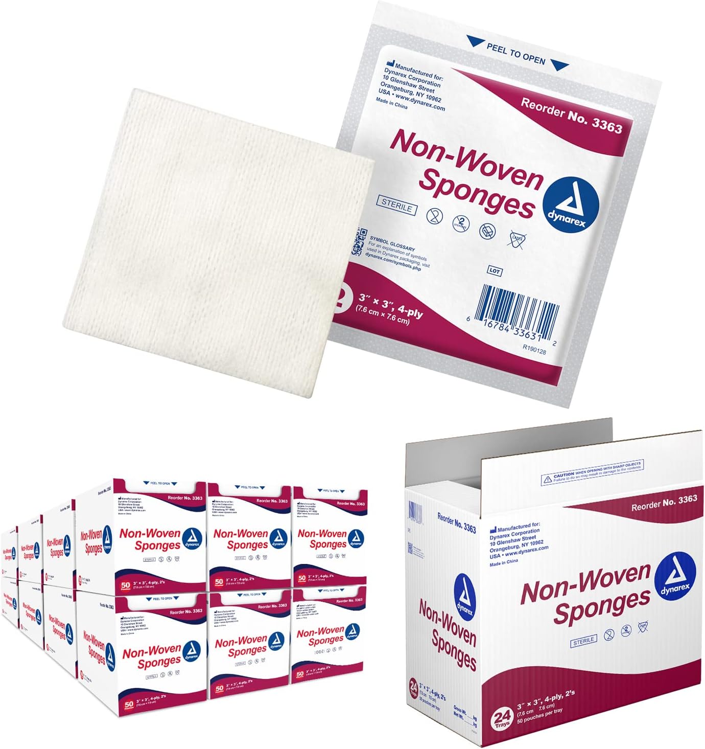 Dynarex Non-Woven Sponge - Sterile 2's, 3" x 3" 4 Ply - 50ea/bx, 24bxs/cs (1200 Count)