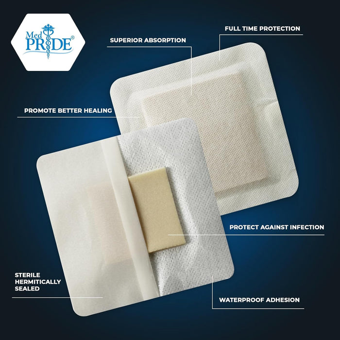 Medpride 6" x 6" Waterproof Adhesive Border Foam Wound Dressing, 10/Pack, Case of 20 (200 Count)