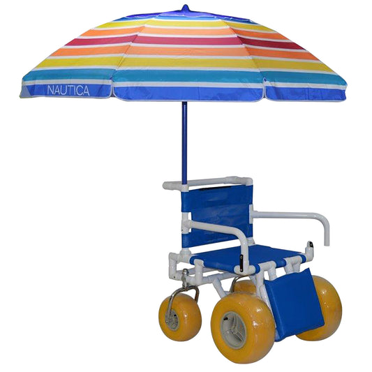 MJM International All Terrain Beach Wheelchair with Umbrella Heavy Duty Wheels Non-Corrosive Plastic Bearings, 2 Swivel And 2 Rigid Wheels, Padded Cushion Seat, User-Friendly Elevating Leg Rest