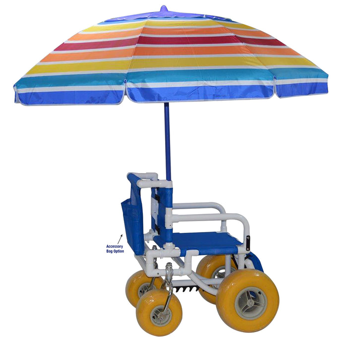 MJM International All Terrain Beach Wheelchair with Umbrella Heavy Duty Wheels Non-Corrosive Plastic Bearings, 2 Swivel And 2 Rigid Wheels, Padded Cushion Seat, User-Friendly Elevating Leg Rest