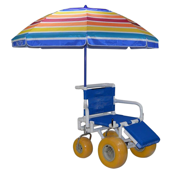 MJM International All Terrain Beach Wheelchair with Umbrella Heavy Duty Wheels Non-Corrosive Plastic Bearings, 2 Swivel And 2 Rigid Wheels, Padded Cushion Seat, User-Friendly Elevating Leg Rest