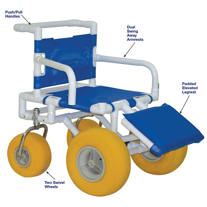 MJM International All Terrain Beach Wheelchair Heavy Duty Wheels Non-Corrosive Plastic Bearings, 2 Swivel And 2 Rigid Wheels, Padded Cushion Seat, User-Friendly Elevating Leg Rest