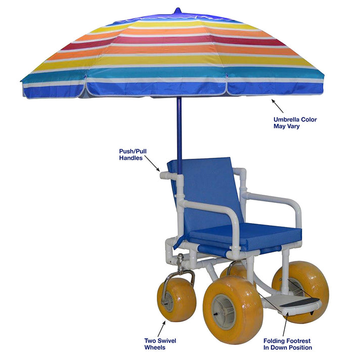 MJM International All Terrain Beach Wheelchair Heavy Duty Wheels Non-Corrosive Plastic Bearings, 2 Swivel And 2 Rigid Wheels, Padded Cushion Seat, User-Friendly Folding Footrest.