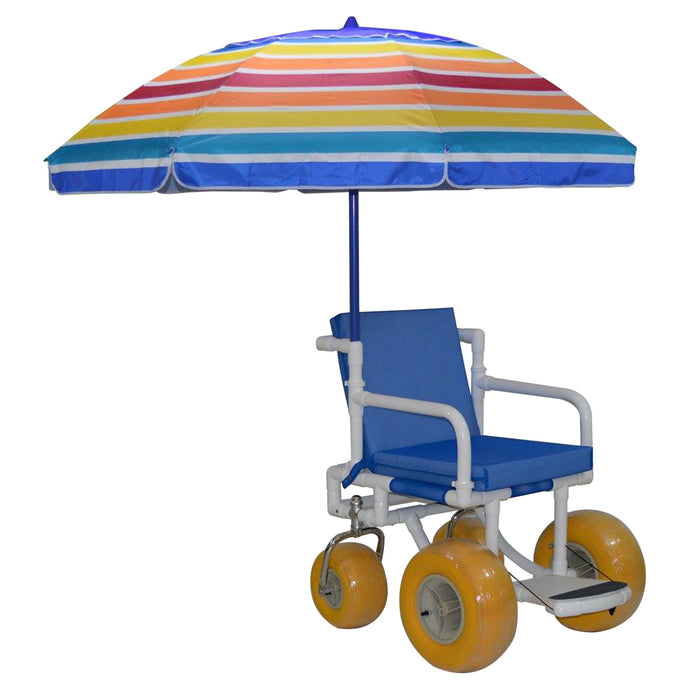 MJM International All Terrain Beach Wheelchair Heavy Duty Wheels Non-Corrosive Plastic Bearings, 2 Swivel And 2 Rigid Wheels, Padded Cushion Seat, User-Friendly Folding Footrest.