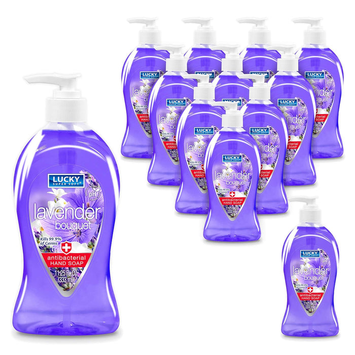 Lucky Super Soft Antibacterial Hand Soap, Cleansing Hand Wash Liquid with Pump, Value Pack, 12 bottles, 11.25 fl.oz.