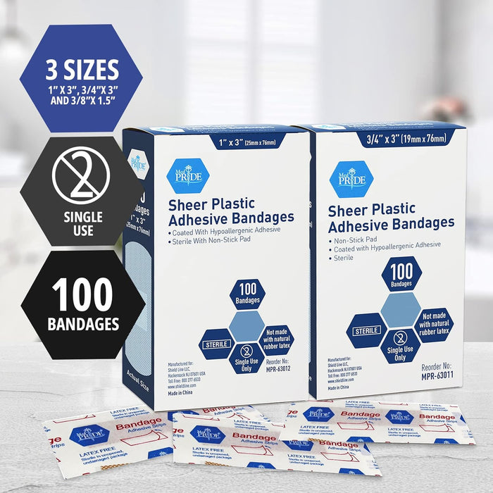MedPride Sheer Strip Adhesive Bandage , First Aid Strips with Hypoallergenic Adhesive Sterile, 3/4"x3" - 100/Box, Case of 24 (2400 Count)