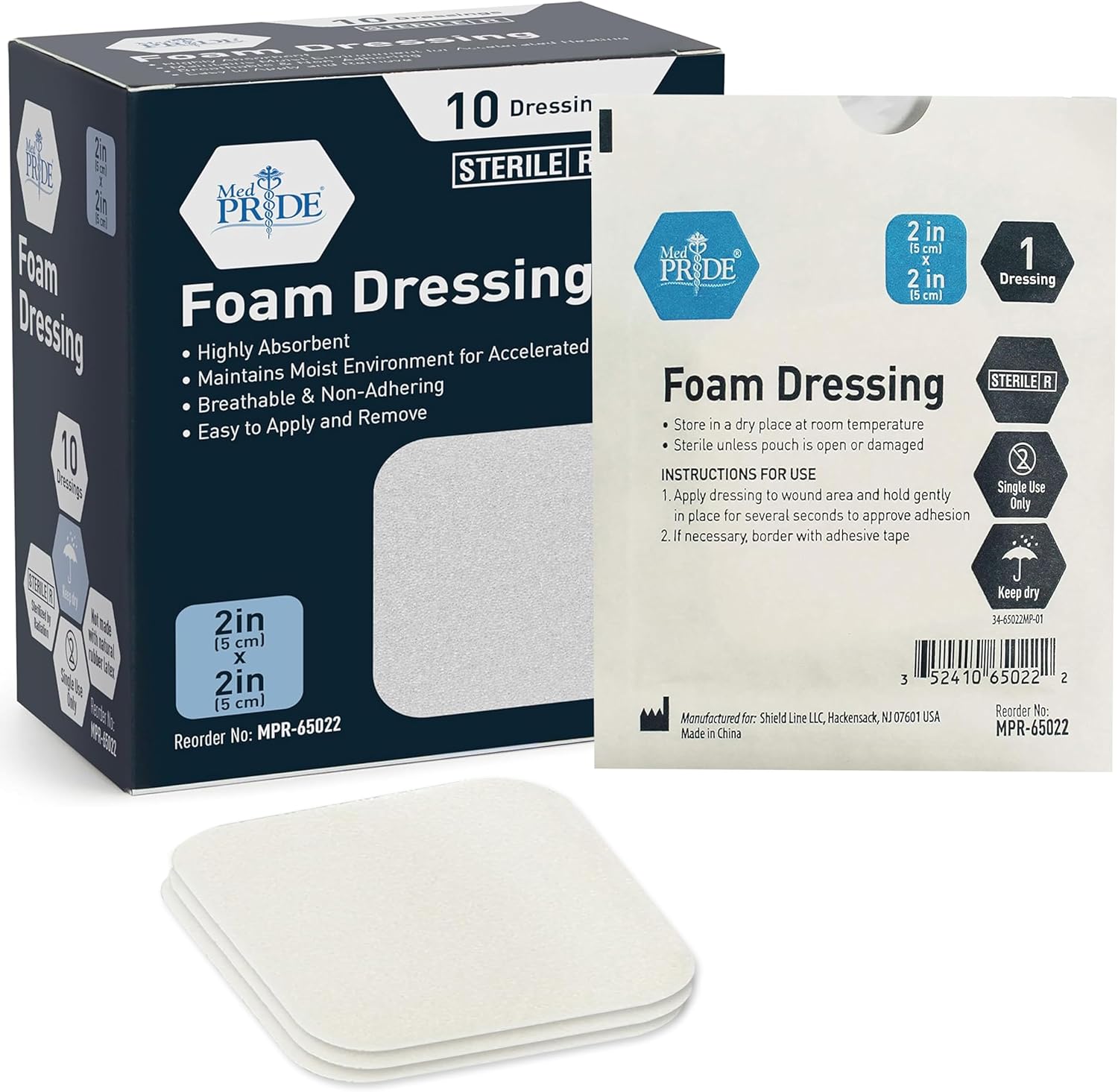 Medpride Foam Dressings 2"x2'' - Sterile, Hydrophilic, Highly Absorbent- Soft, Non-Adhesive Pads, 10/Pack, Case of 20 (200 Count)