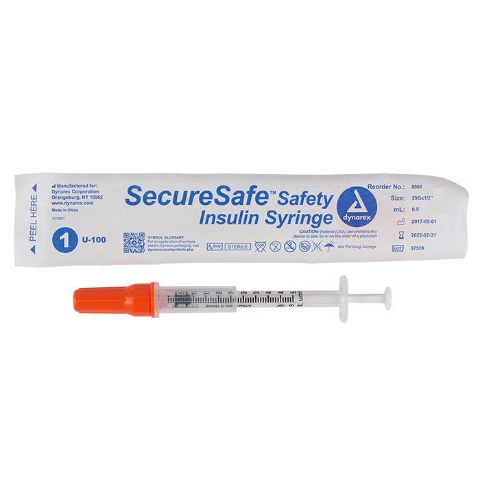 Dynarex SecureSafe Safety Insulin Syringe - New Mechanism (500 Count)