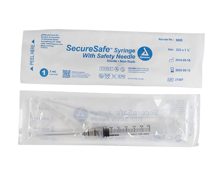 Dynarex SecureSafe Syringe w/ Safety Needle, 3cc - Luer Lock (800 Count)