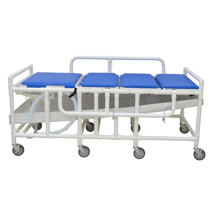 MJM International 910-DB Bariatric shower gurney with three position elevating headrest, close cell water proof foam pad, drain pan & drain hose, 900 lbs weight capacity