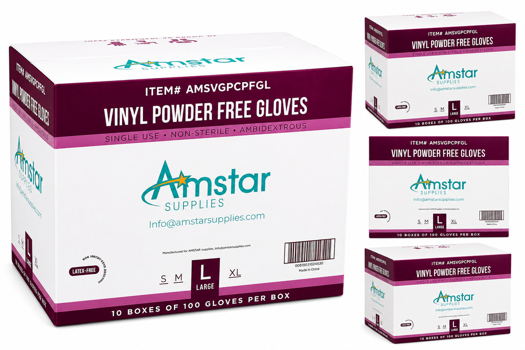 Amstar Vinyl Gloves Case of 1000 Powder-Free Non-Sterile Disposable Gloves - Clear