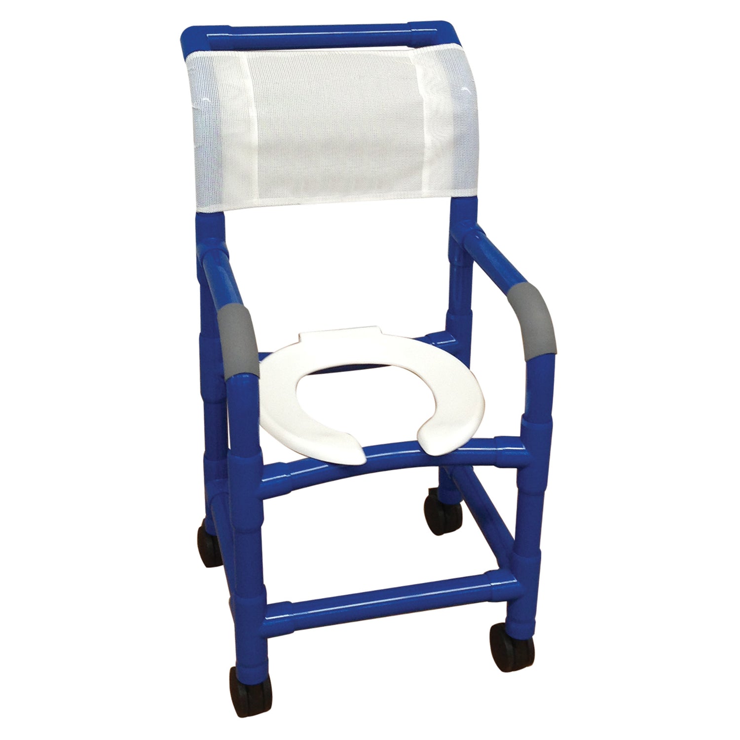 MJM International B115-3 BLUE shower chair 15" internal width, for small adult or pediatric needs 3" twin casters, open front seat, 250 lbs weight capacity