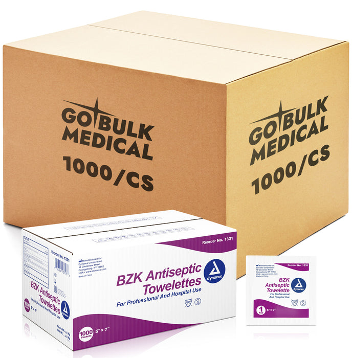 Dynarex BZK Antiseptic Towelettes, 5" x 7", 1000/cs Bulk