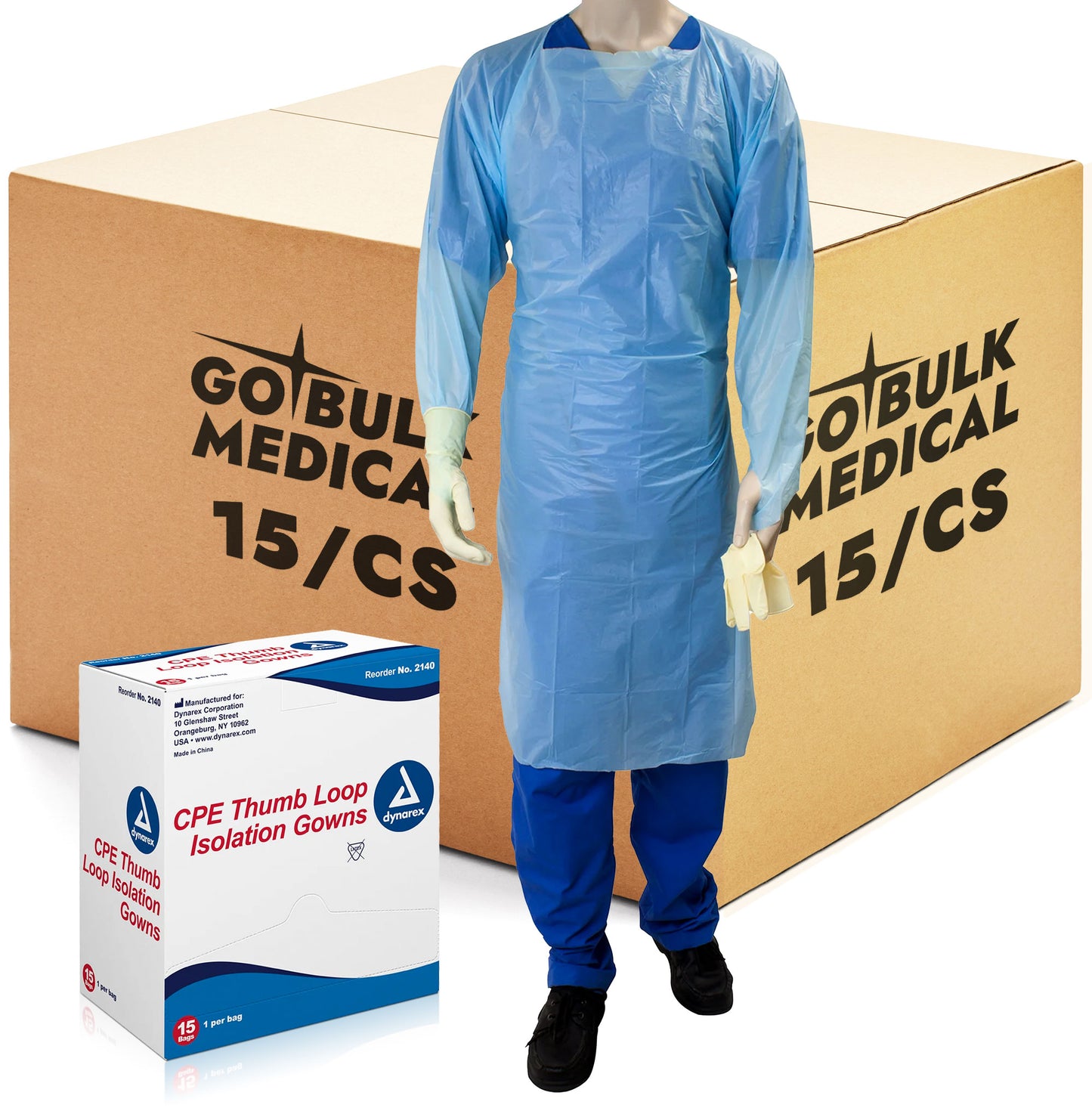 Dynarex CPE Thumb Loop Isolation Gown, Blue, 5/15/cs