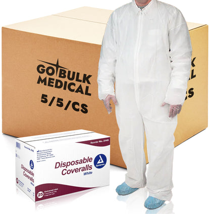 Dynarex Disposable Coveralls, Universal Size, White, 5/5/cs