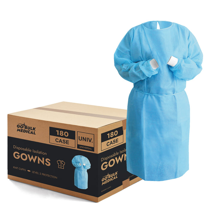 Disposable Isolation Gowns with Knit Cuffs - Universal Size, Level 2, SMS, 180/Case - Blue