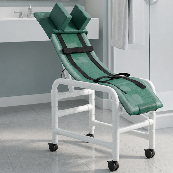 MJM International 191-MC-HB Reclining bath / shower chair (MEDIUM), with base & casters, with head bolster, 130 lbs weight capacity