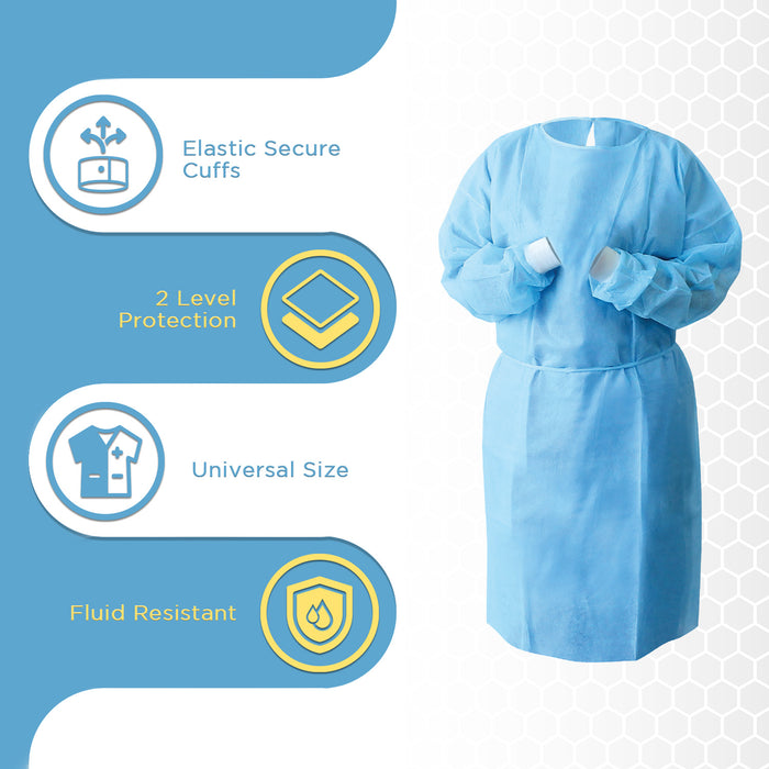 Disposable Isolation Gowns with Elastic Cuffs - Universal Size, Level 2, 100/Case