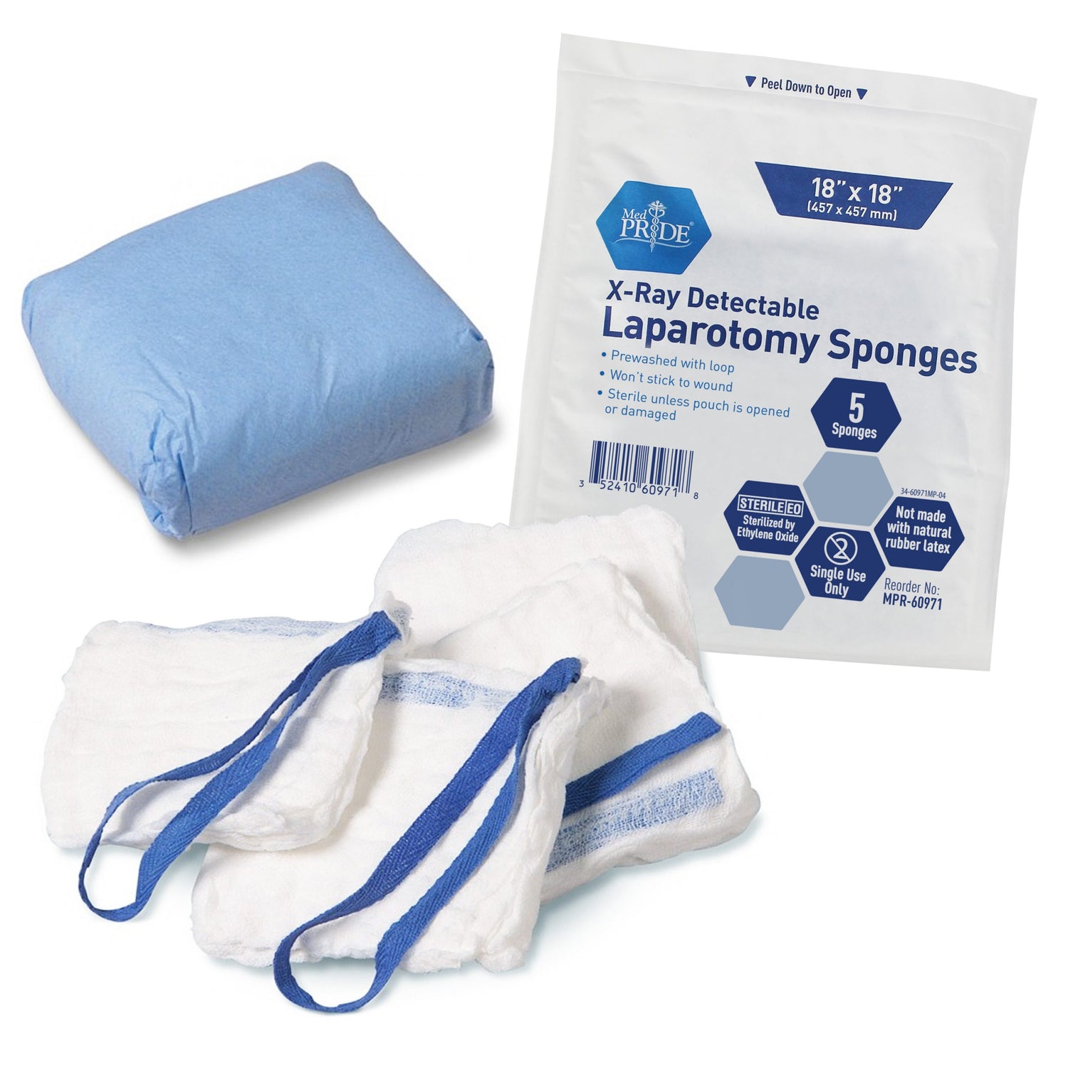 MedPride Laparotomy Sponge, Prewashed - Sterile - X Ray Det 18"x18", 5/Pack, Case of 40 (200)