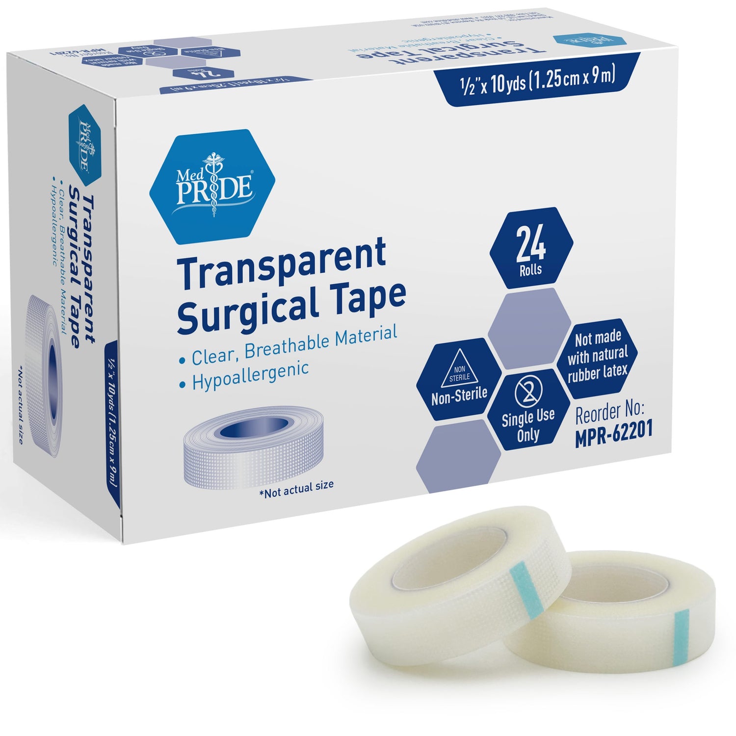 MedPride Clear Surgical Tape, 1/2" x 10 yds - 24/Box, Case of 12 (288 Count)