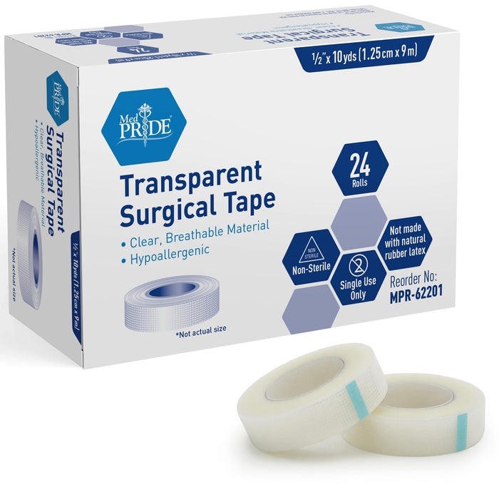 MedPride Clear Surgical Tape, 1/2" x 10 yds - 24/Box, Case of 12 (288 Count)