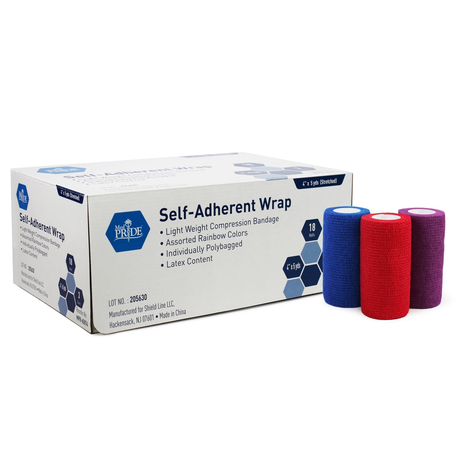 Medpride Self-Adherent Wrap, 4"x5" yds. - Rainbow - Latex Free, 3 colors/Box, Case of 18 (54 Count)