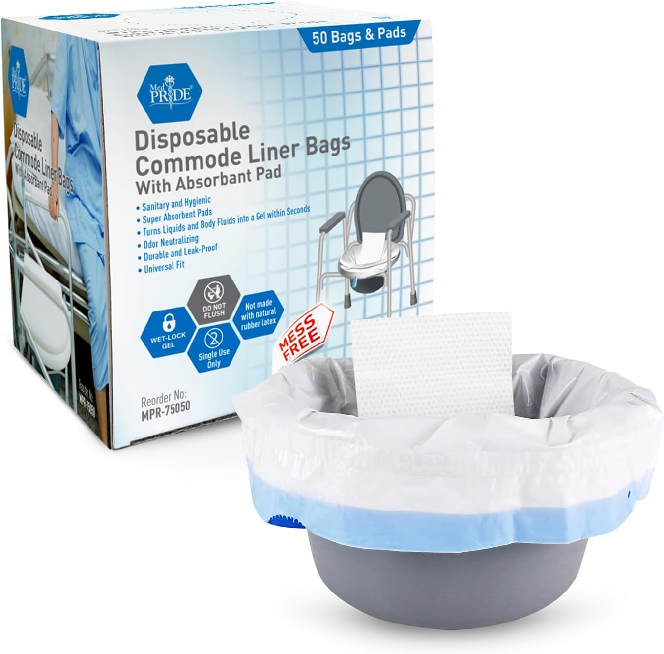 MedPride Disposable Commode Liner Bags with Absorbant Pads, Universal Size, 50 Counts / Case of 12