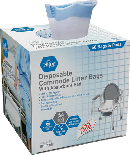 MedPride Disposable Commode Liner Bags with Absorbant Pads, Universal Size, 50 Counts / Case of 12