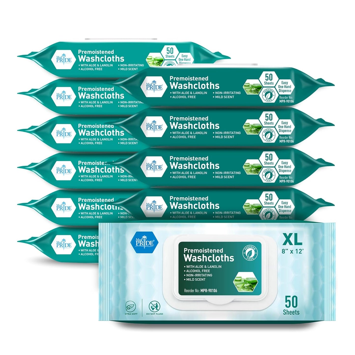 MedPride Disposable XL Premoistened Washcloths 8" x 12", 50 Sheets / Case of 6