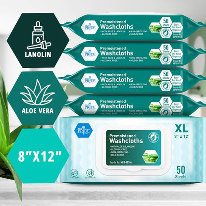 MedPride Disposable XL Premoistened Washcloths 8" x 12", 50 Sheets / Case of 6