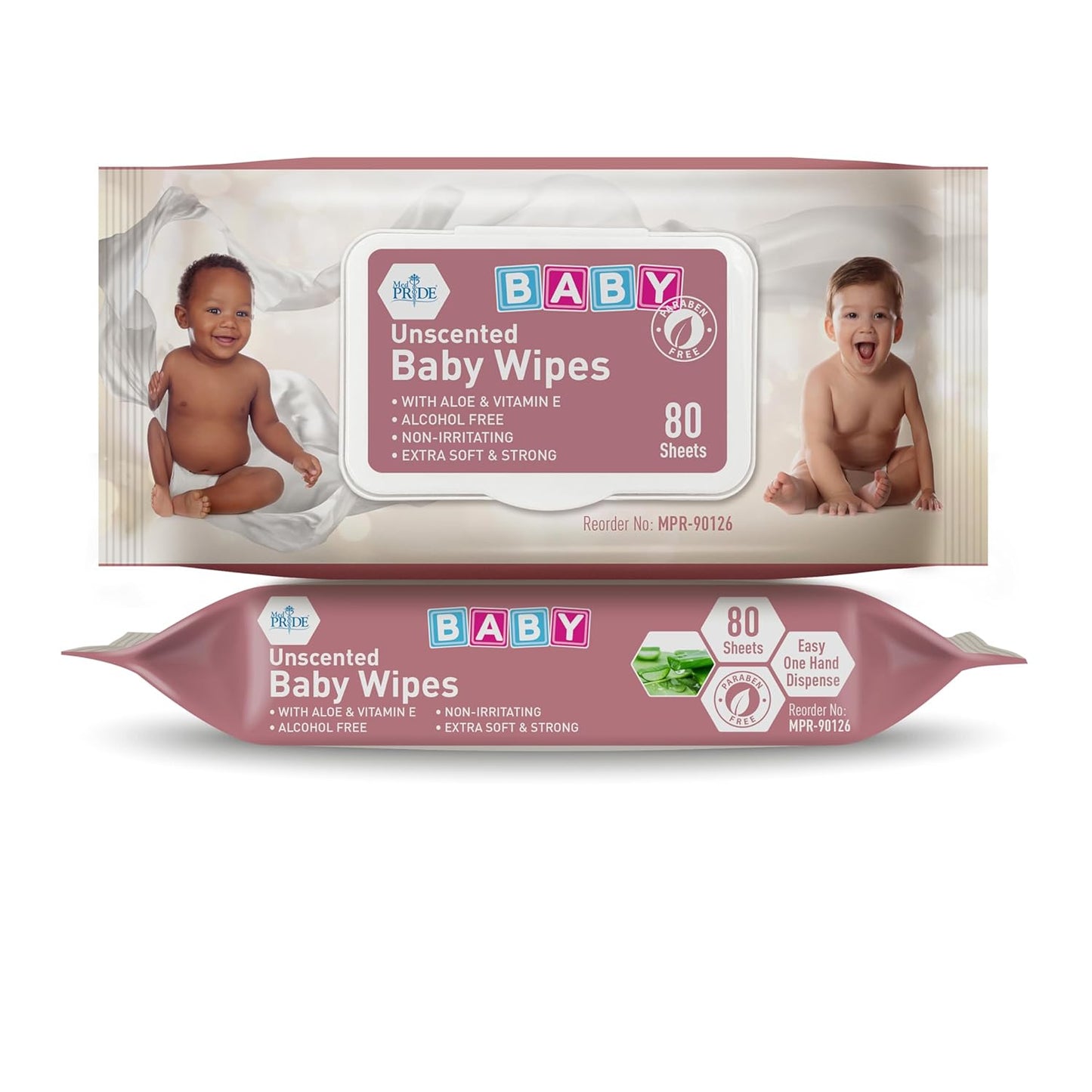 MedPride Baby Wipes, Unscented with Aloe Vera and Vitamin E, Blue,  6" x 7.5", 80 Sheets / Case of 24