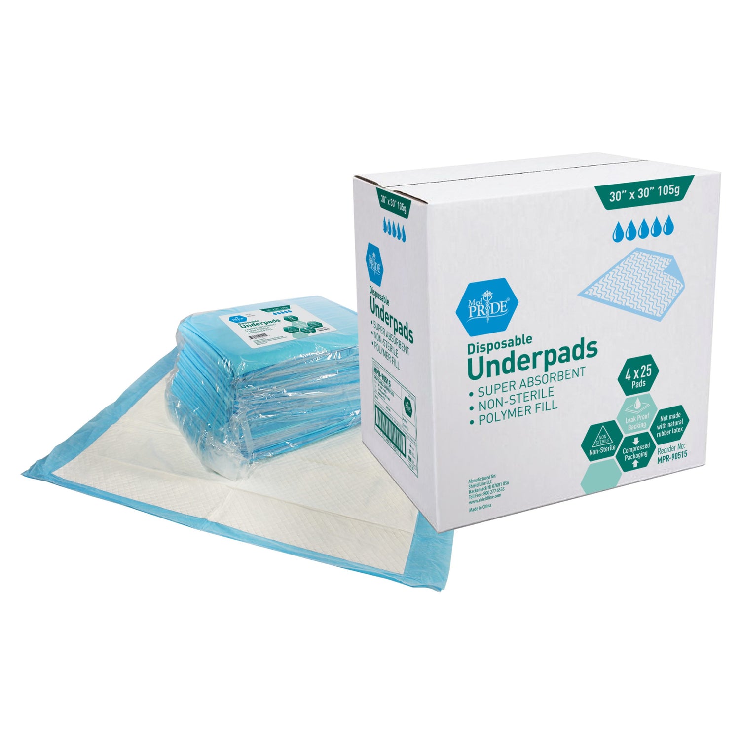 MedPride Disposable Underpads with Polymer, 30"x30" (105 gram) 25/pack, Case of 4 (100 Count)