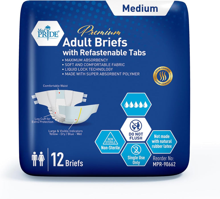 MedPride Adult Briefs with Refastenable Tabs, Medium Size, 12 Briefs / Case of 8