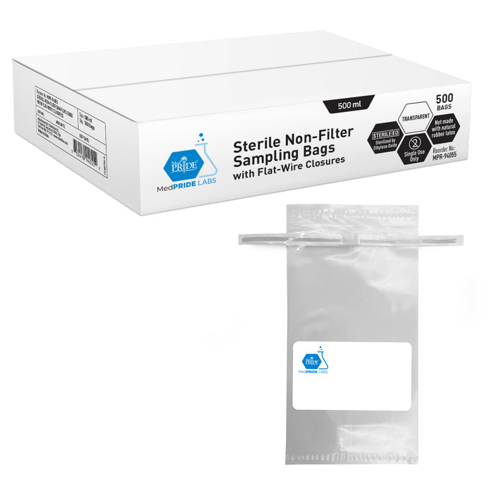 MedPride Sterile Non-Filter Sampling Bags with Flat-Wire Closure 500 ml, 500 Bags / Case of 2