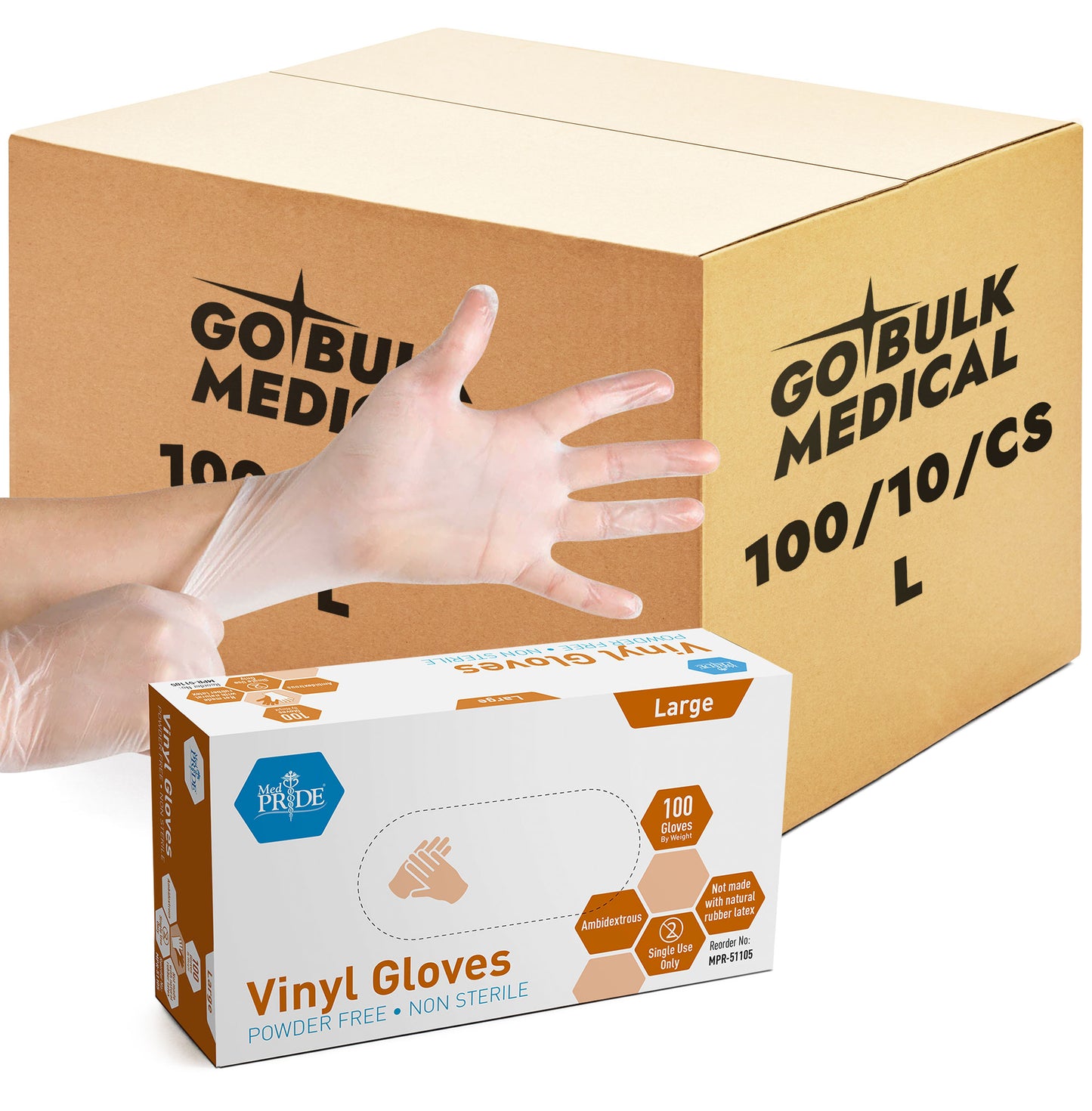 MedPride Vinyl General Purpose Gloves 4.3 Mil Thick Non-Sterile Powder Free - 100 Gloves / Case of 10