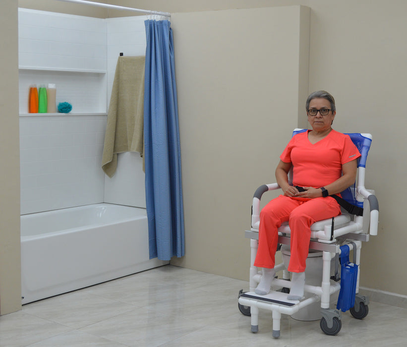MJM International D118-5-SLIDE-N Deluxe All Purpose Dual Shower Chair/Transfer Bench (Excellent Lateral Transfer), Open Front Soft Seat, Buckle Safety Belt, Double Drop Arms, 5" x 1 1/4" Heavy Duty Casters, 300 lbs Weight Capacity