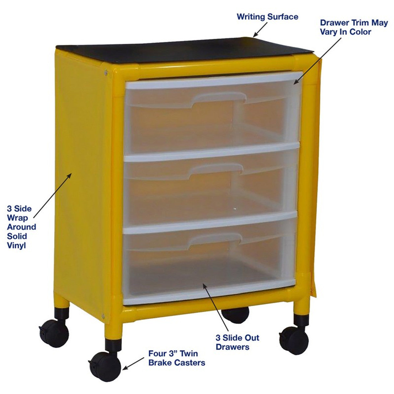 MJM International Y3U3D-ISO-NBP Yellow universal isolation cart with 3 slide out drawers, top writing shelf, no back panel,internal drawer size: 19.125" W x 14" D x 6.5" H