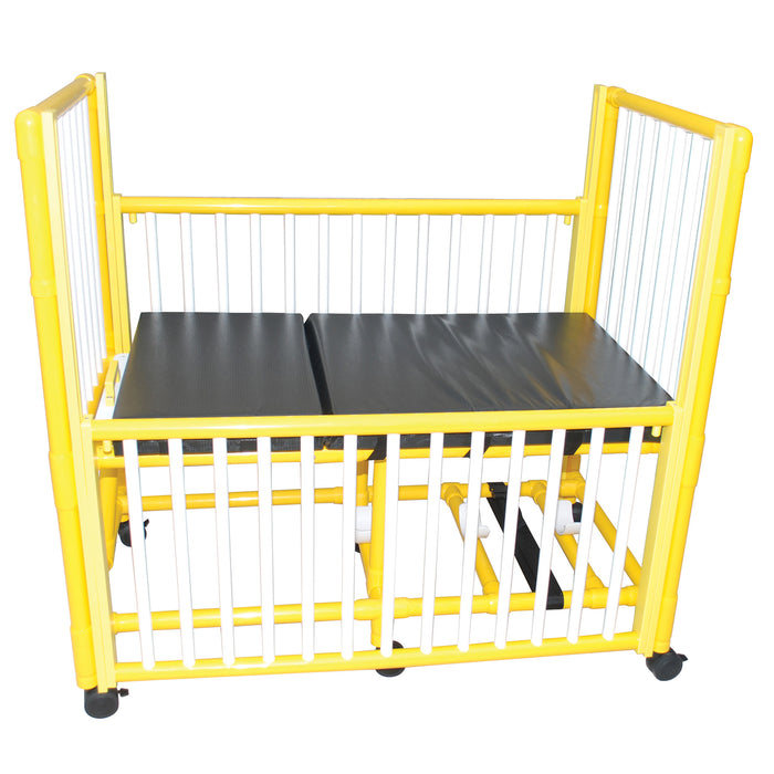 MJM International Y975 Yellow PVC frame pediatric crib bed with adjustable side rails, O2 tank holder, 3" cushion