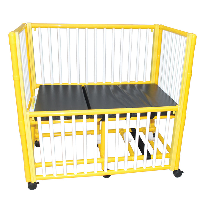 MJM International Y975 Yellow PVC frame pediatric crib bed with adjustable side rails, O2 tank holder, 3" cushion