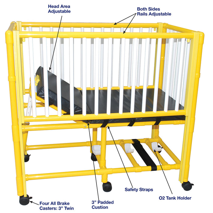 MJM International Y975 Yellow PVC frame pediatric crib bed with adjustable side rails, O2 tank holder, 3" cushion