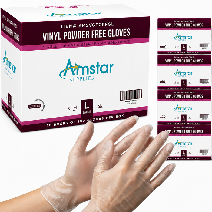 Amstar Vinyl Gloves Case of 1000 Powder-Free Non-Sterile Disposable Gloves - Clear