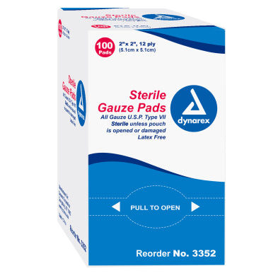 Dynarex Gauze Pad - Sterile 1's, 2" x 2" 12 Ply, 24/100/cs