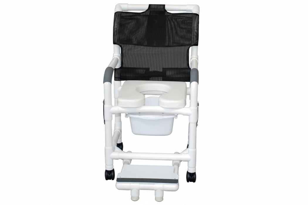 MJM International 118-3TW-DDA-SF-SQ-PAIL Shower chair 18" internal width, open front seat, 3" twin casters, with double drop arms, slide out footrest and 10 qt slide out square commode pail, 300 lbs weight capacity