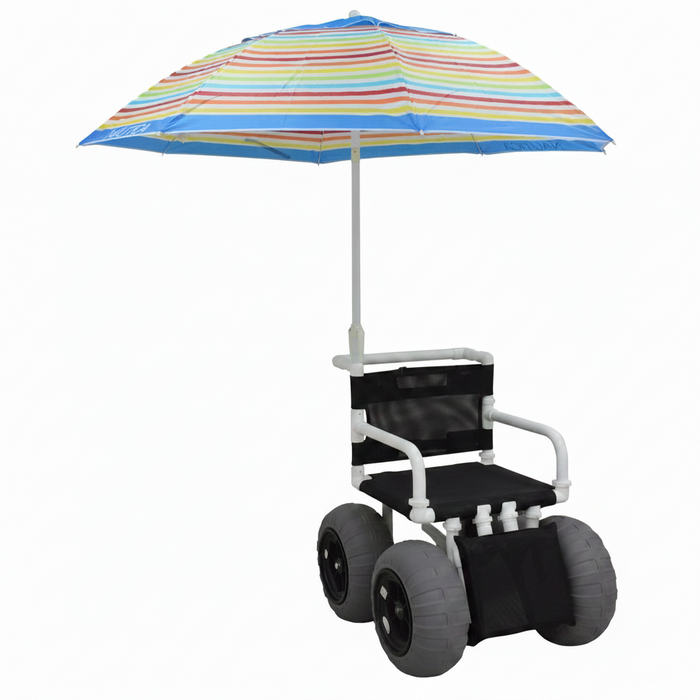 MJM International 722-ATC-ELR-YLW-GRYW-UMB-KD All Terrain Beach Wheelchair with Umbrella Heavy Duty Wheels Non-Corrosive Plastic Bearings, 2 Swivel And 2 Rigid Wheels, Padded Cushion Seat, User-Friendly Elevating Leg Rest